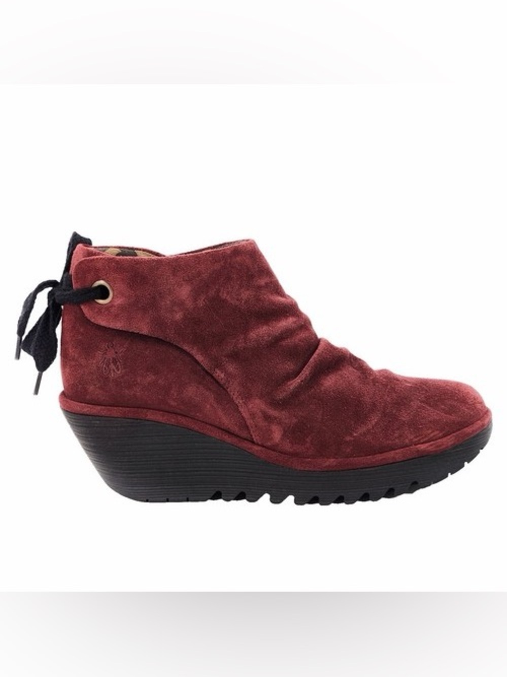 FLY London Yebi Oiled Suede Ruched Wedge Ankle Boots in Wine $229 Sz 39 9-9.5